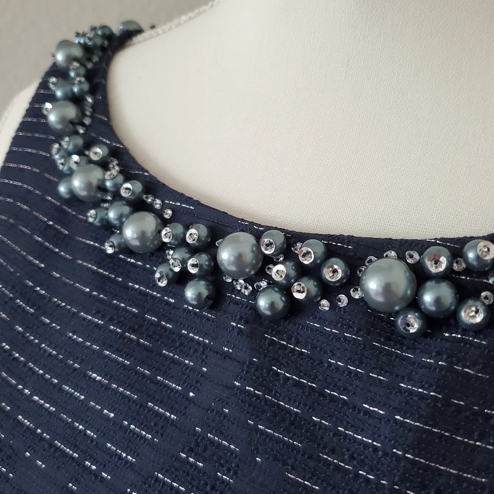 Tahari ASL Navy Blue Beaded Neckline Fit & Flare Dress Metallic Cocktail Size 4 - Picture 6 of 9